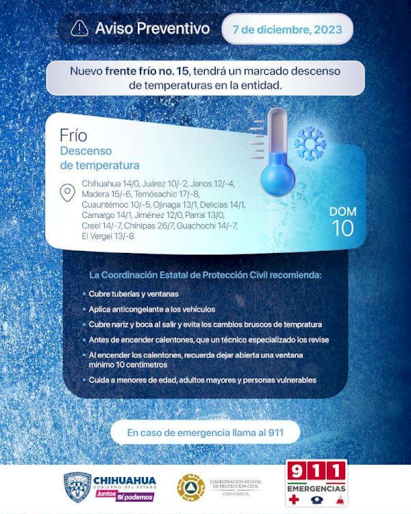 Emiten aviso preventivo ante ingreso del Frente Frío número 15 La