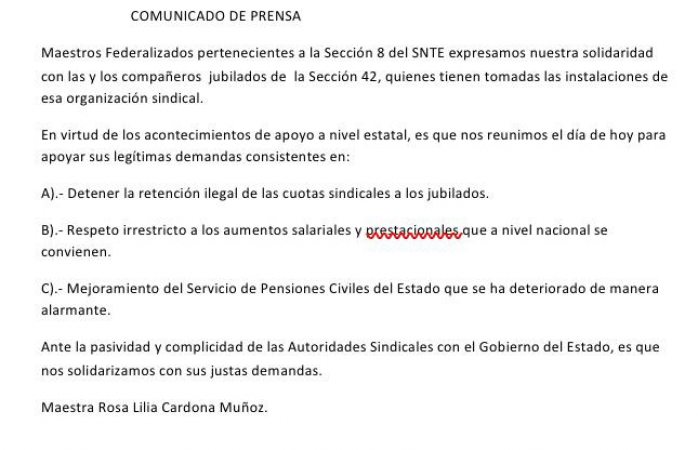 Apoya la sección 8 del snte a maestros de la 42, a través de un comunicado