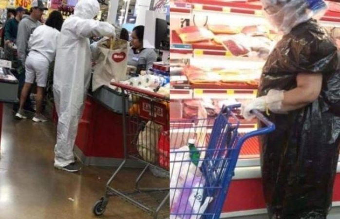 Acuden a supermercados con trajes de bolsas de plástico
