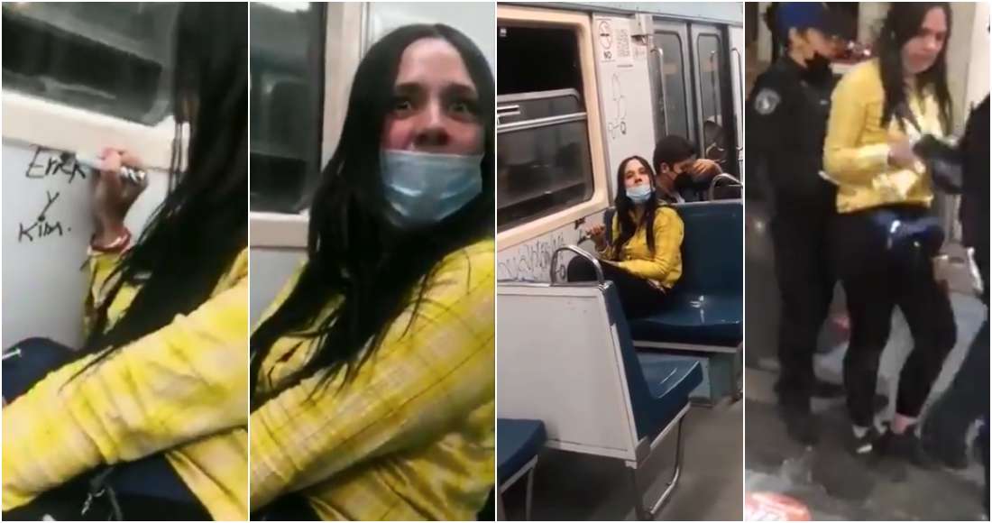 Pinta lady rayones vagón del metro de cdmx y policías la detienen