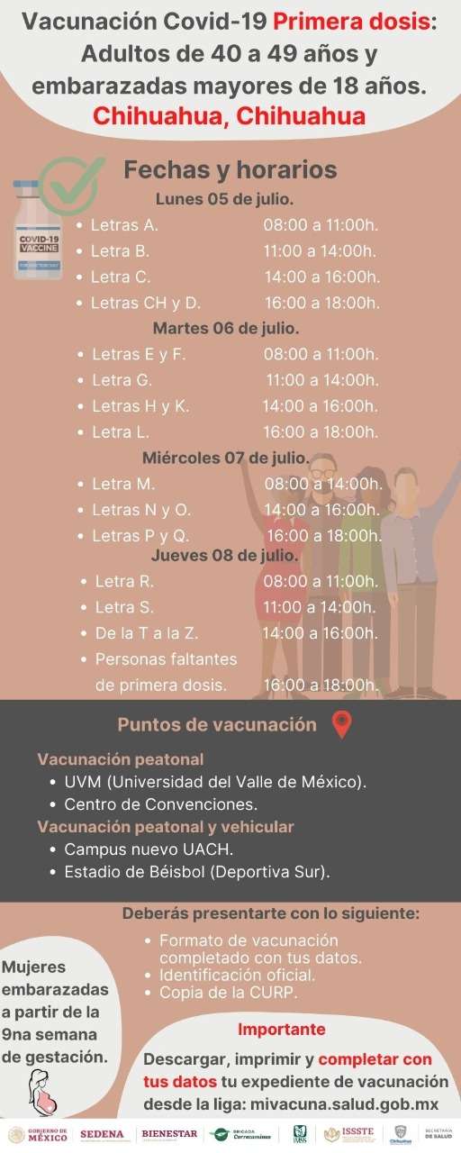 Inicia el lunes vacunación para adultos de 40 a 49 años