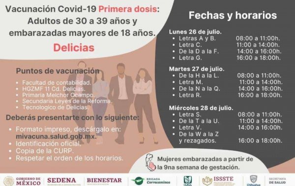 Oficial fecha para vacunar a mayores de 30 años en delicias