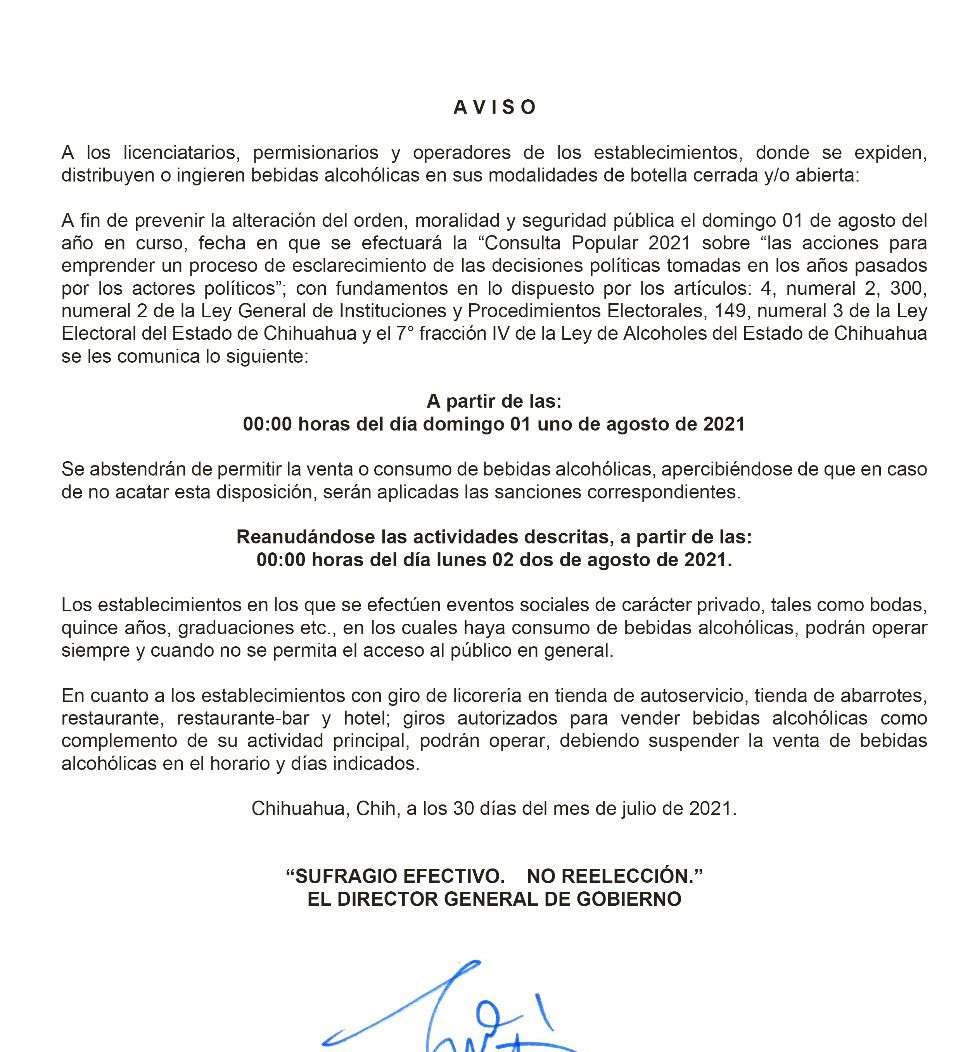 Anuncian ley seca para el próximo domingo
