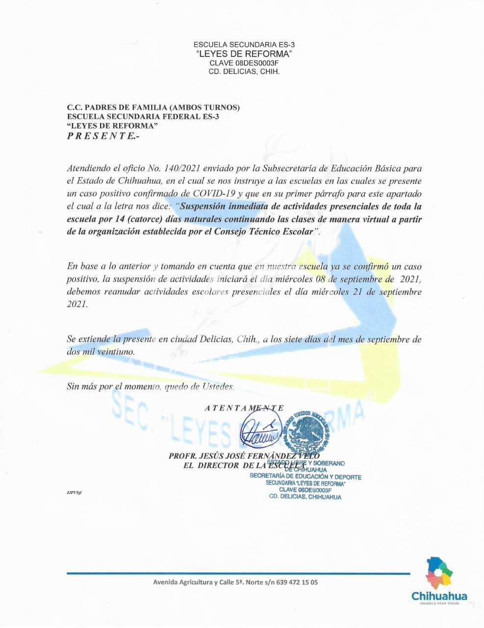 Detectan caso positivo de covid en leyes de reforma, suspenden clases 14 días 