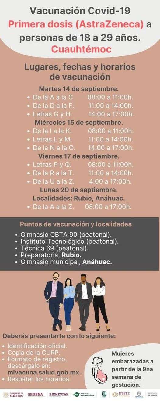 Aplicación de primera dosis para personas de 18 a 29 en Cuauhtémoc
