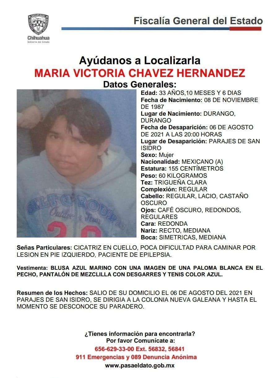 Piden ayuda para localizar a maría chávez