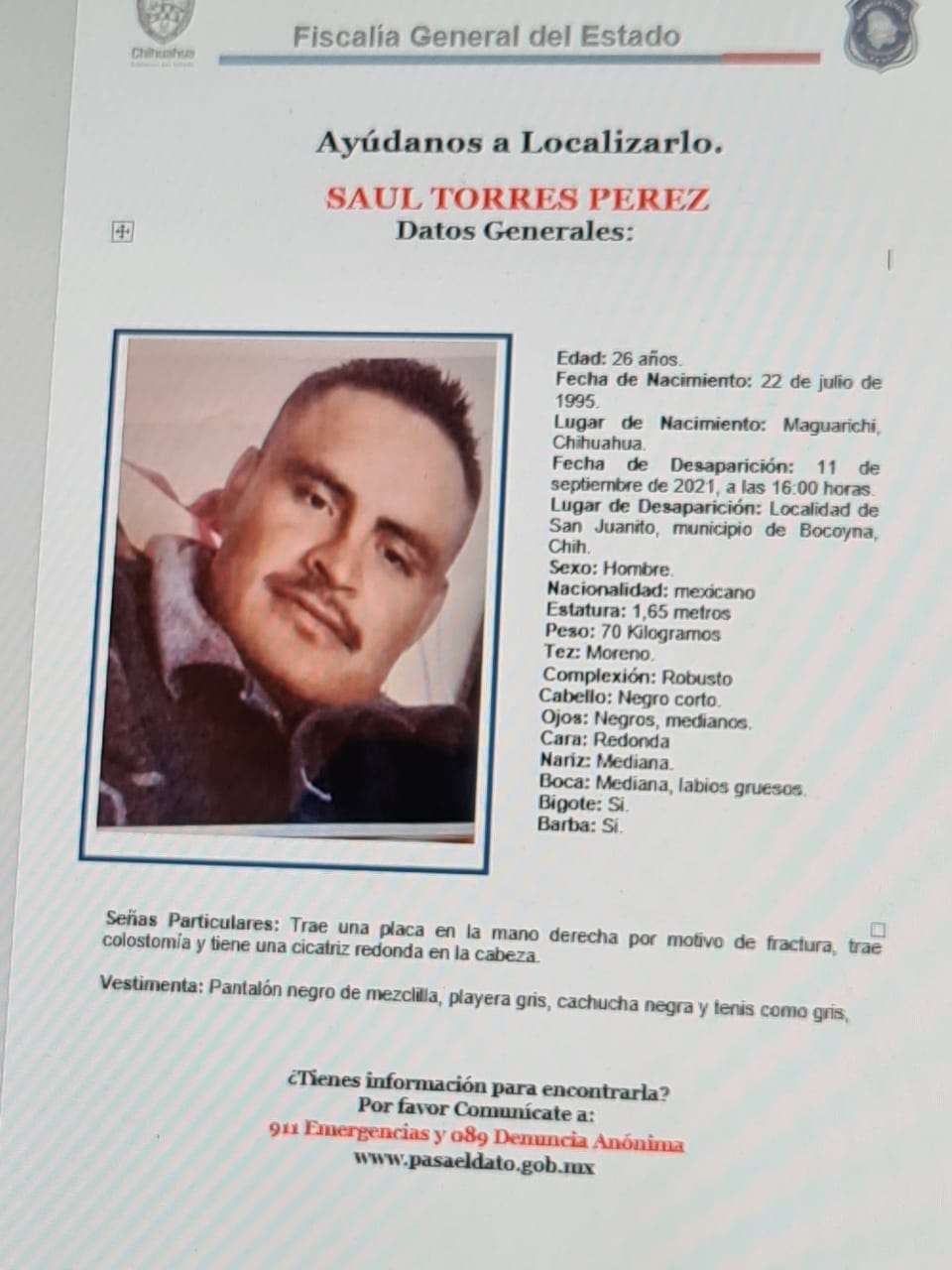 Buscan a saul torres, quien desapareció en maguarichi