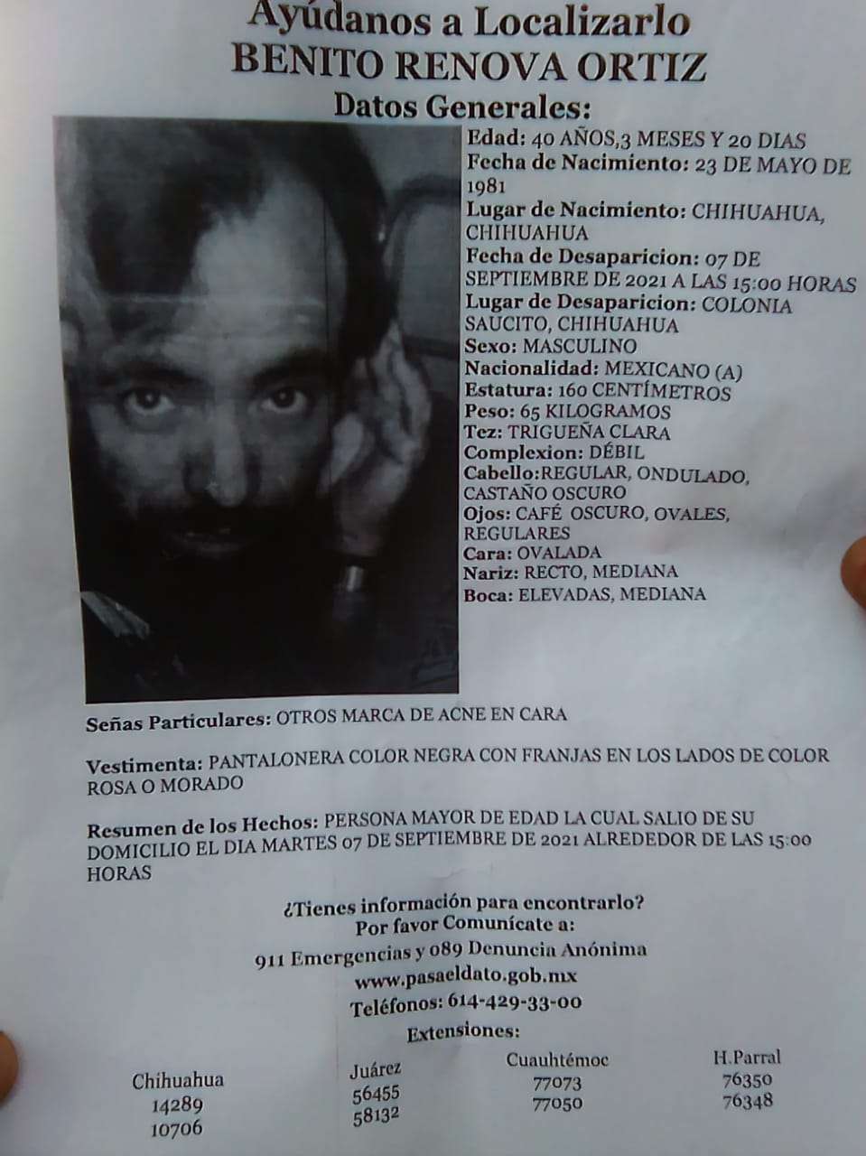 Piden ayuda para encontrar a benito renova