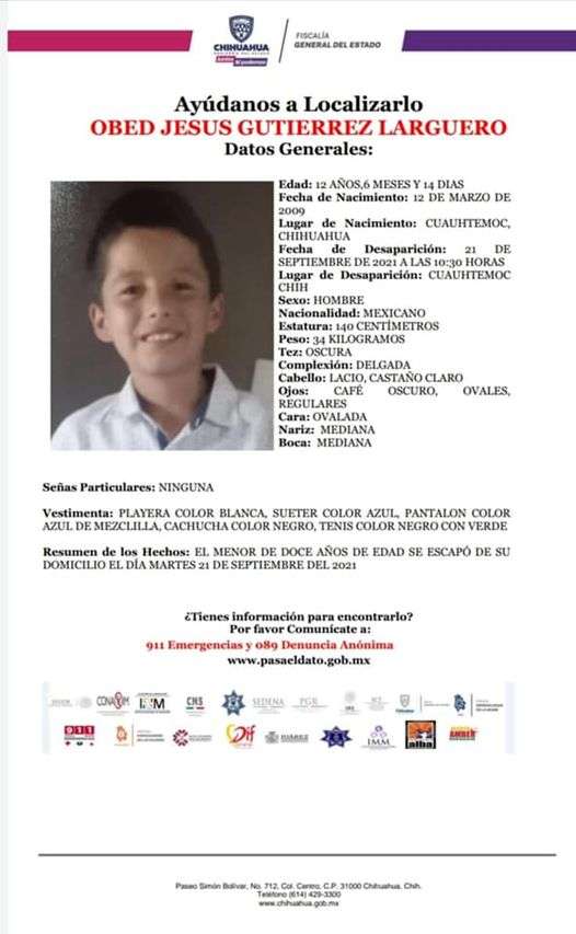 Piden apoyo para localizar a niño desaparecido en cuauhtémoc
