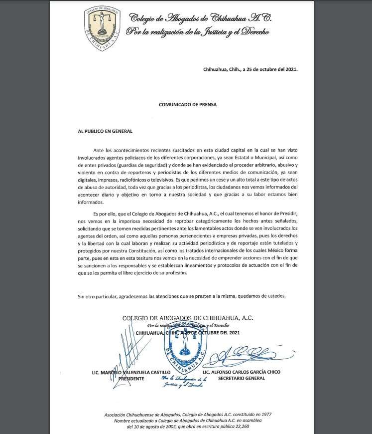 Reprueba colegio de abogados agresiones contra reporteros