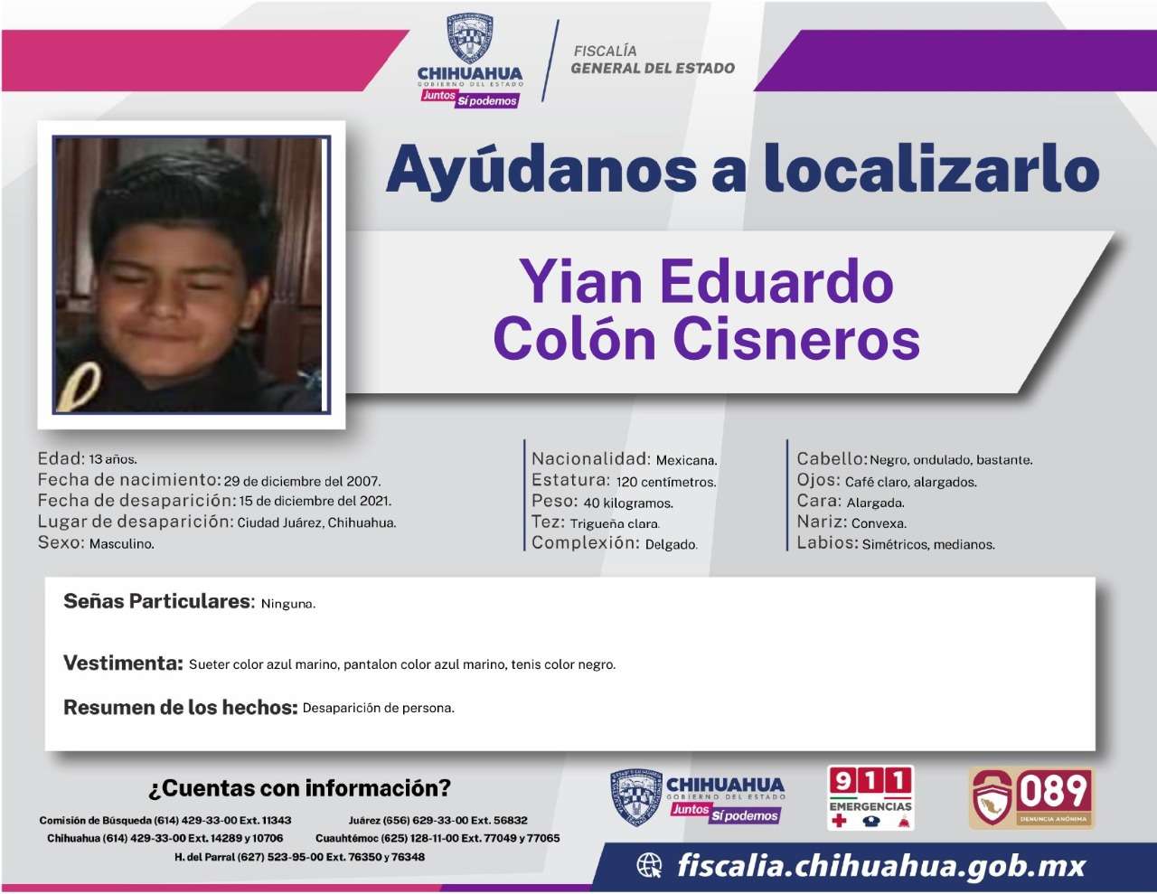 Solicitan ayuda para encontrar a yian eduardo colón