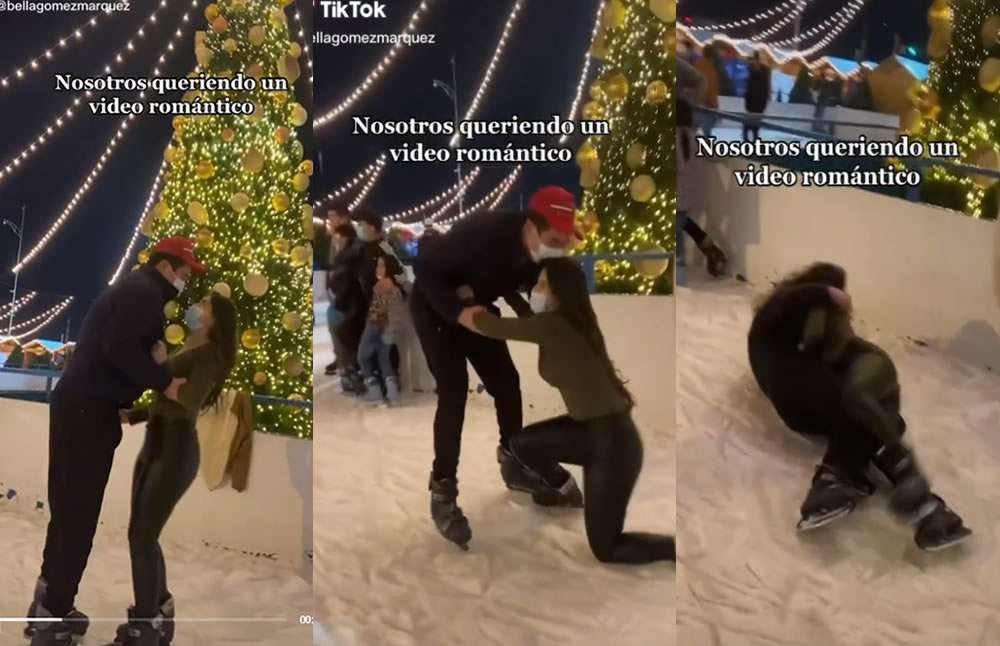 Se viraliza pareja que se cae en pista de hielo aquí