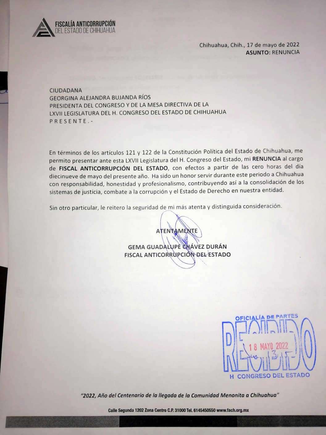 Difunden carta de renuncia de la fiscal anticorrupción de chihuahua