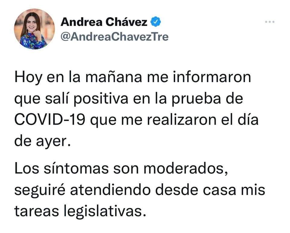 Revela diputada Andrea Chávez que padece Covid