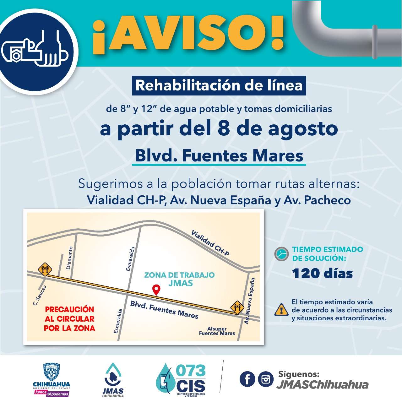 Iniciará jmas obras de reposición de tubería en boulevard fuentes mares