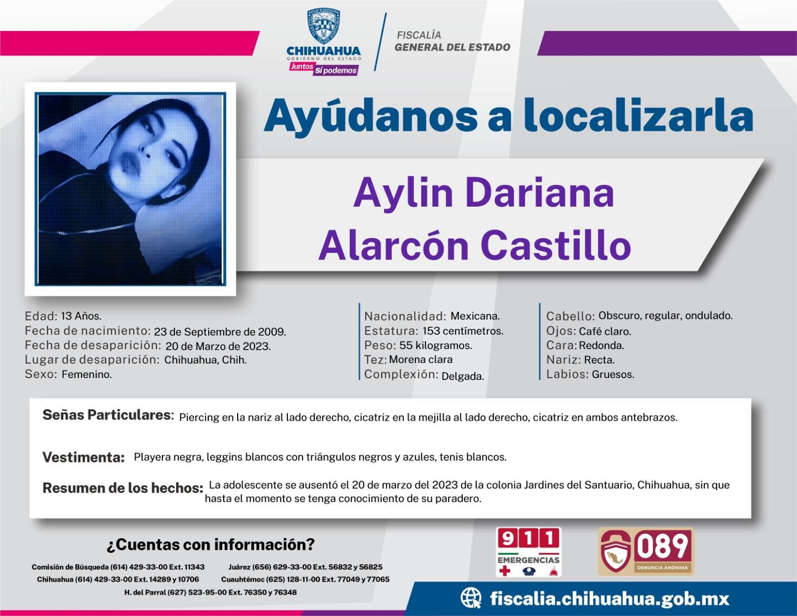 Piden apoyo para dar con paradero de Aylin Dariana Alarcón Castillo de 13 años