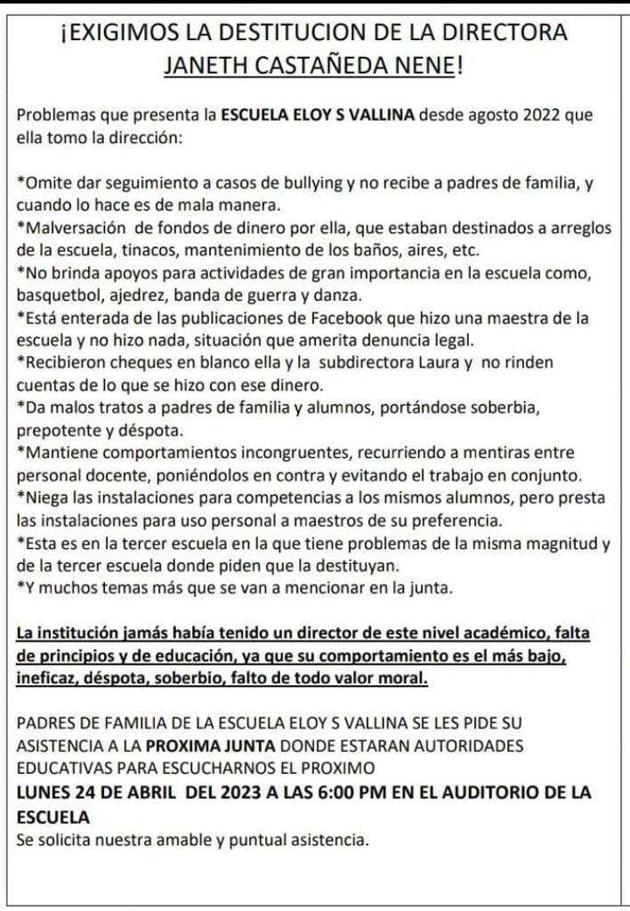 Piden destitución de la directora de la Eloy S Vallina