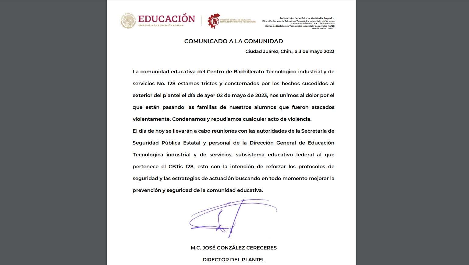 Publica comunidad educativa del Cbtis 128 comunicado tras ataque 