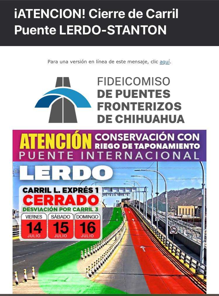 Anuncian cierre de carril de Línea Exprés del puente Lerdo-Stanton este fin de semana