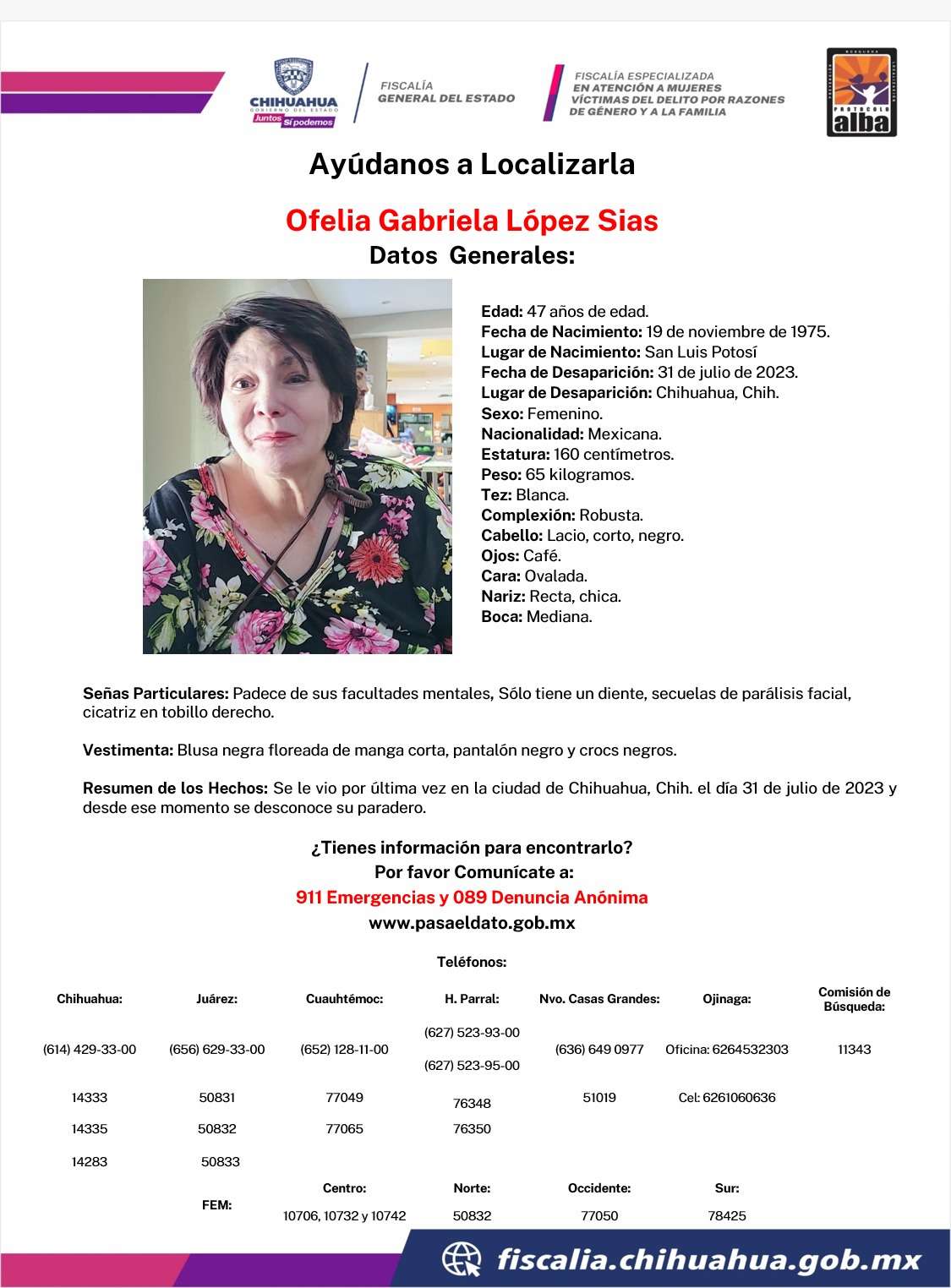 Piden ayuda para localizar a mujer desaparecida en Chihuahua 