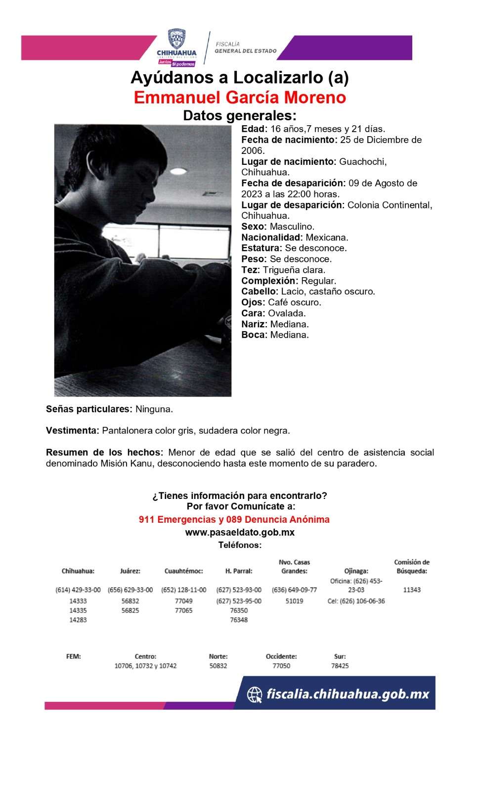 Piden ayuda para localizar a joven desaparecido en la colonia Continental