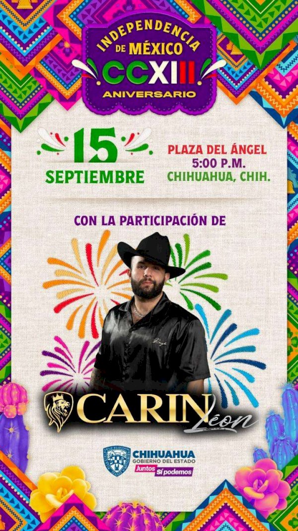 Oficial cerrará Carín León el festejo del Grito en Chihuahua La