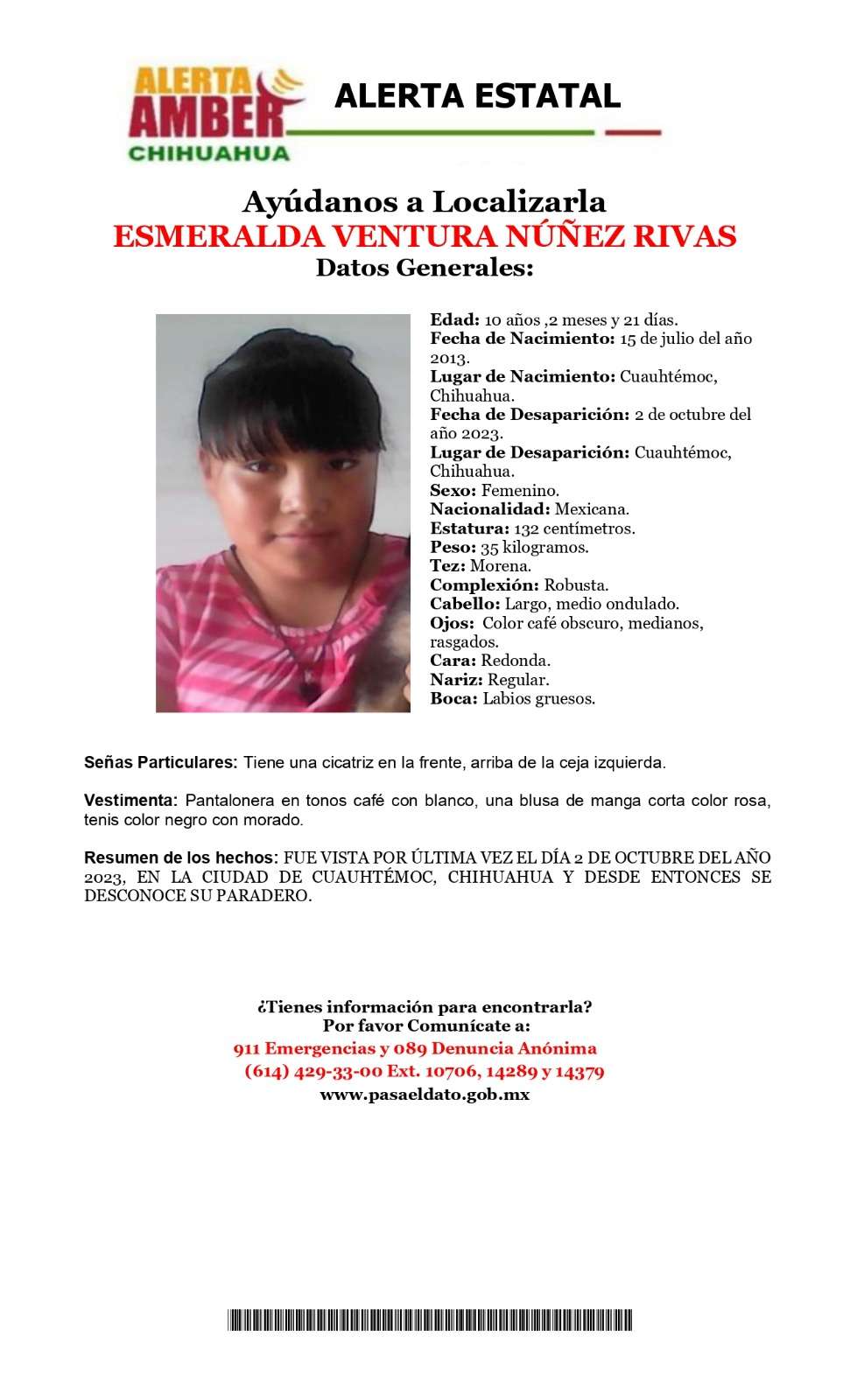 Desaparece niña de 10 años en Cuauhtémoc: alerta Amber