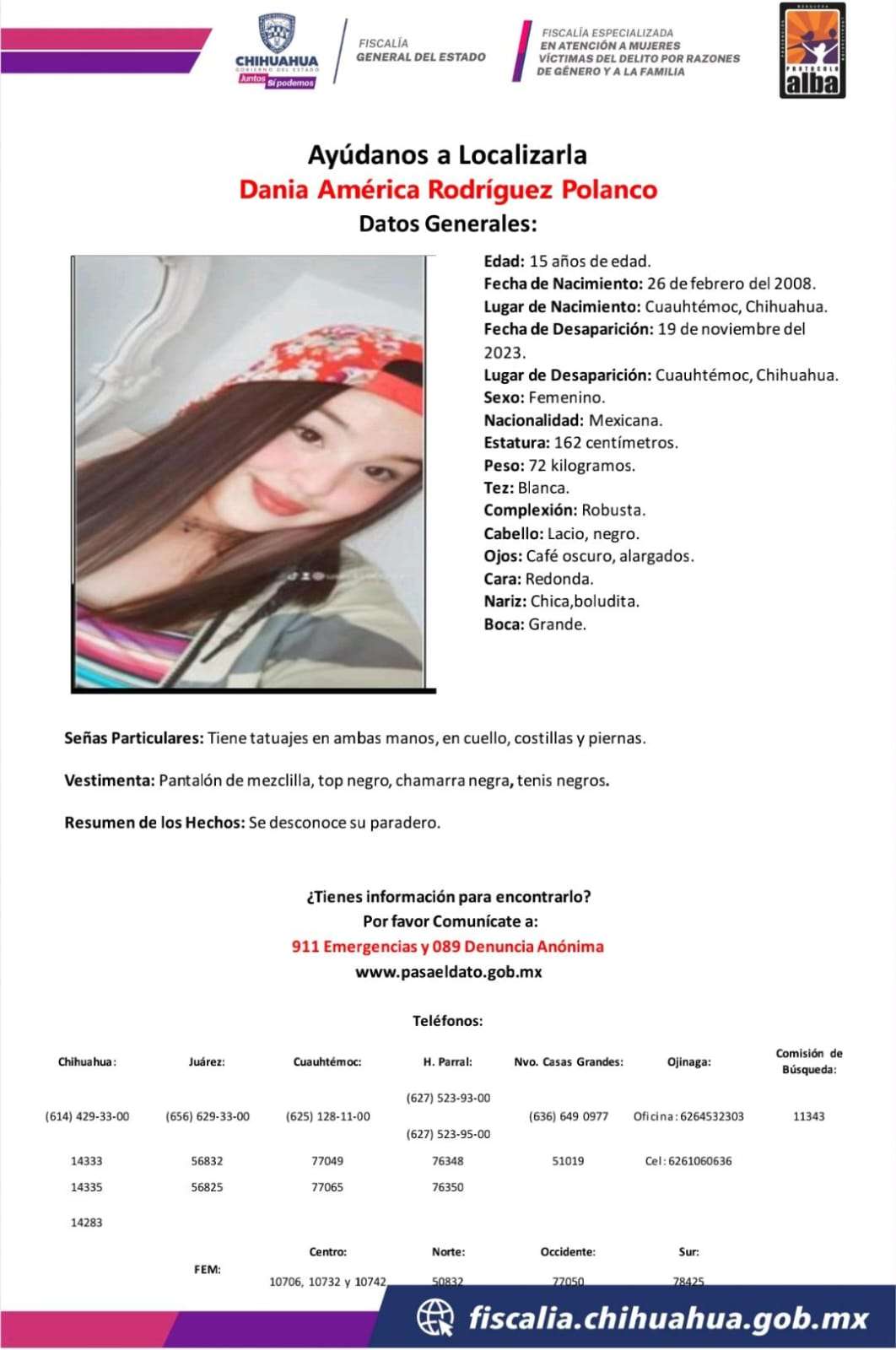 Desaparece jovencita de 15 años en Cuauhtémoc