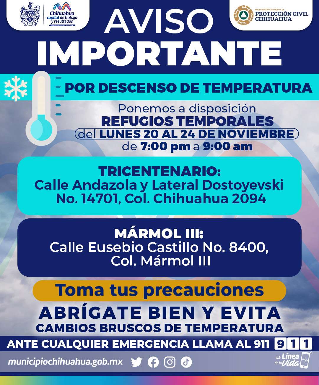Abrirán refugios temporales por descenso de temperaturas