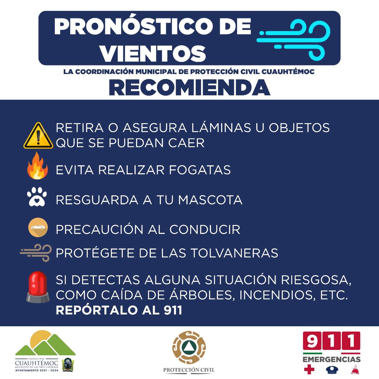 Lanza protección civil de Cuauhtémoc recomendación por fuertes vientos