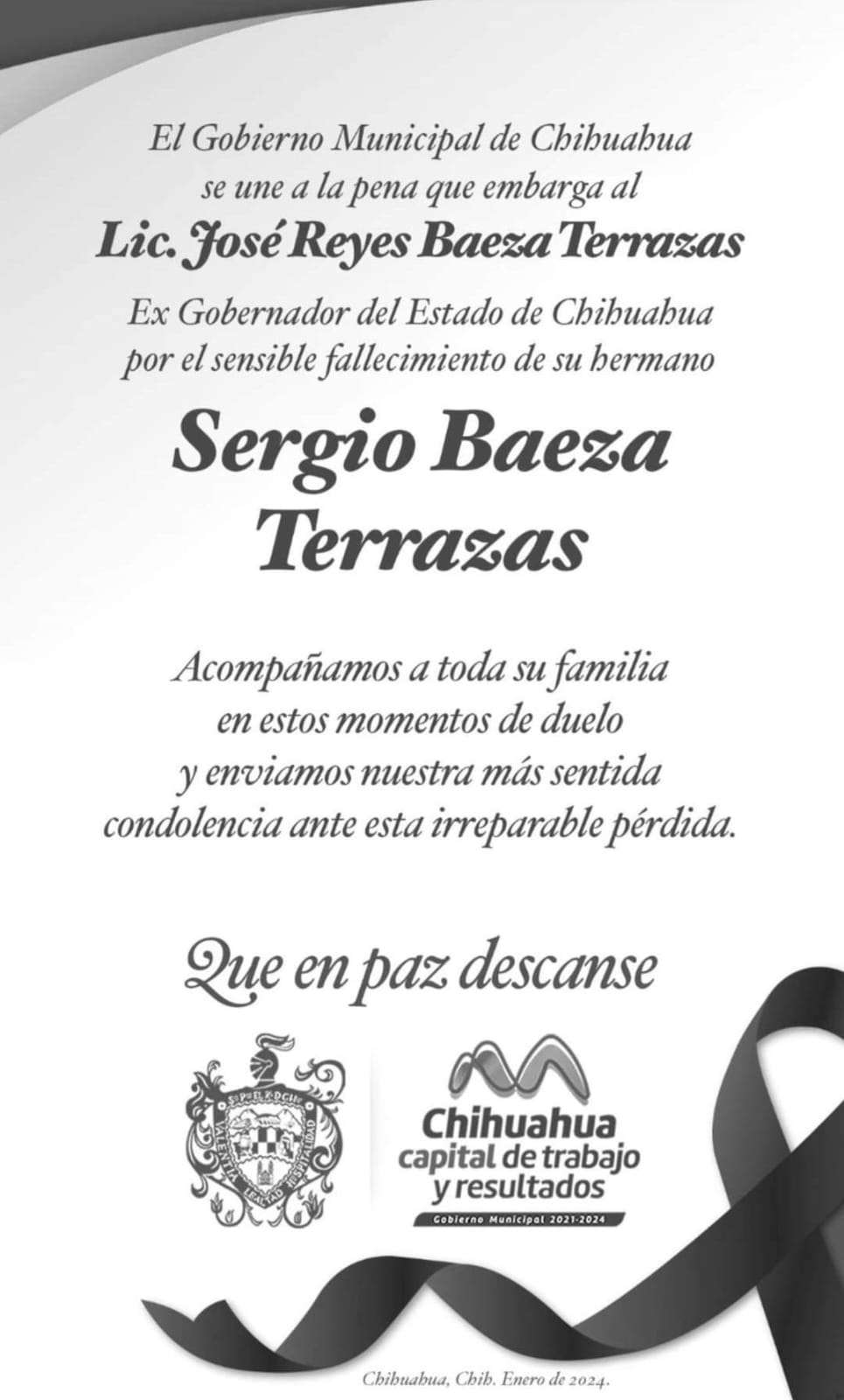 Lamenta Municipio el fallecimiento de Sergio Baeza Terrazas