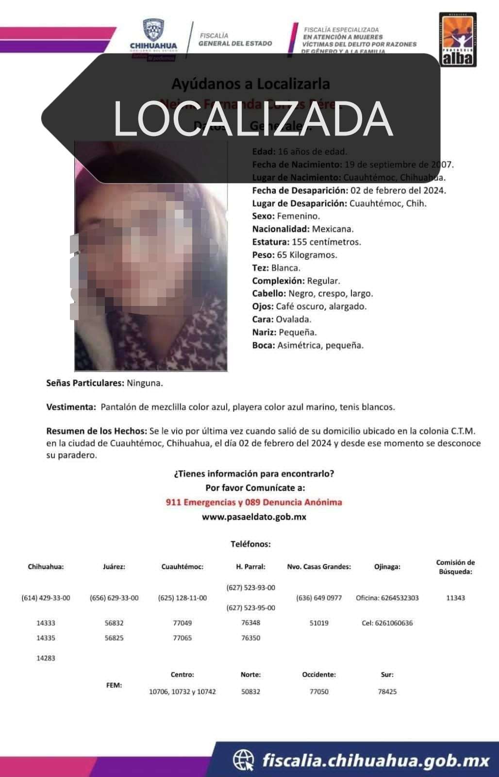 Menor de edad localizada en Cuauhtémoc