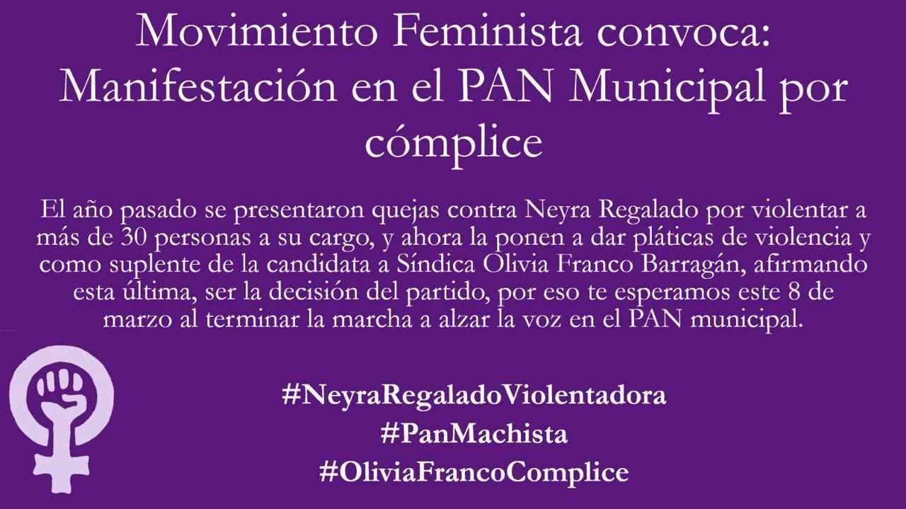 Convoca movimiento feminista a manifestación en el PAN municipal