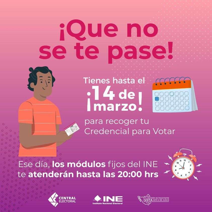 El jueves 14 de marzo último día para recoger credencial de elector