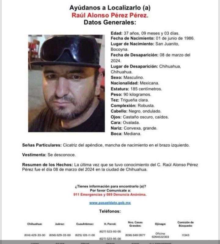 Se busca a Raúl Alonso Pérez Pérez desaparecido en Chihuahua