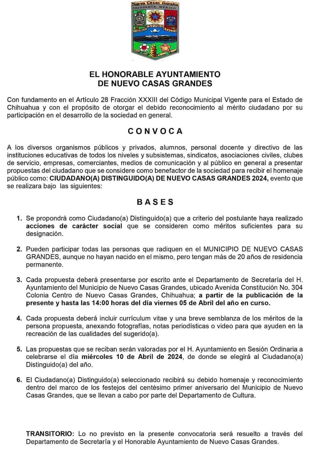 Convocan a elegir Ciudadano Distinguido 2024 
