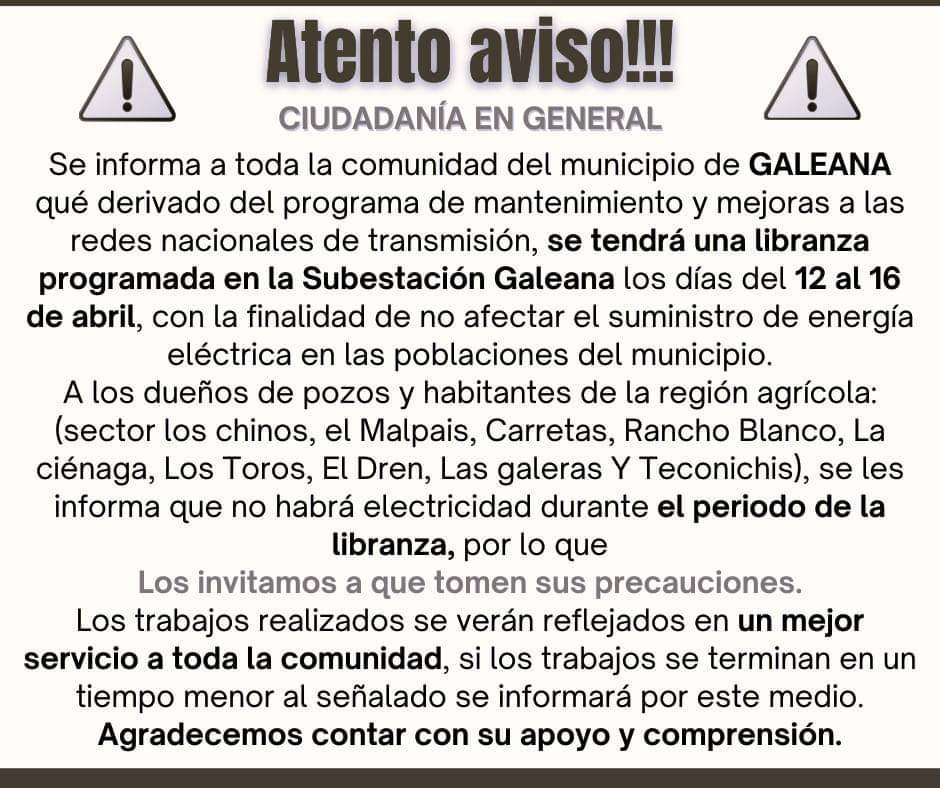 Suspenderán corriente eléctrica en región agrícola