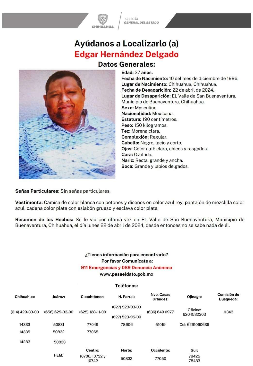 Pide FGE apoyo para localizar a desaparecido en El Valle