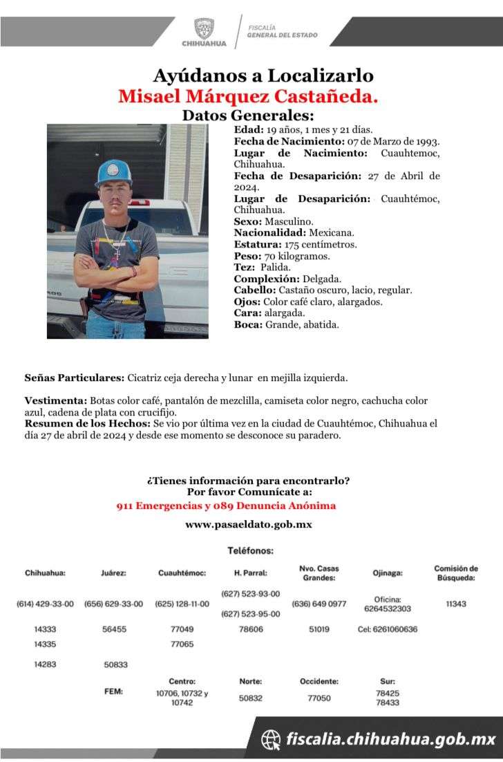 Desaparece joven de 19 años en Cuauhtémoc