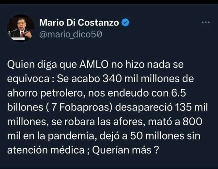 Denuncia Mario Di Costanzo todo lo que nos endeudó López Obrador