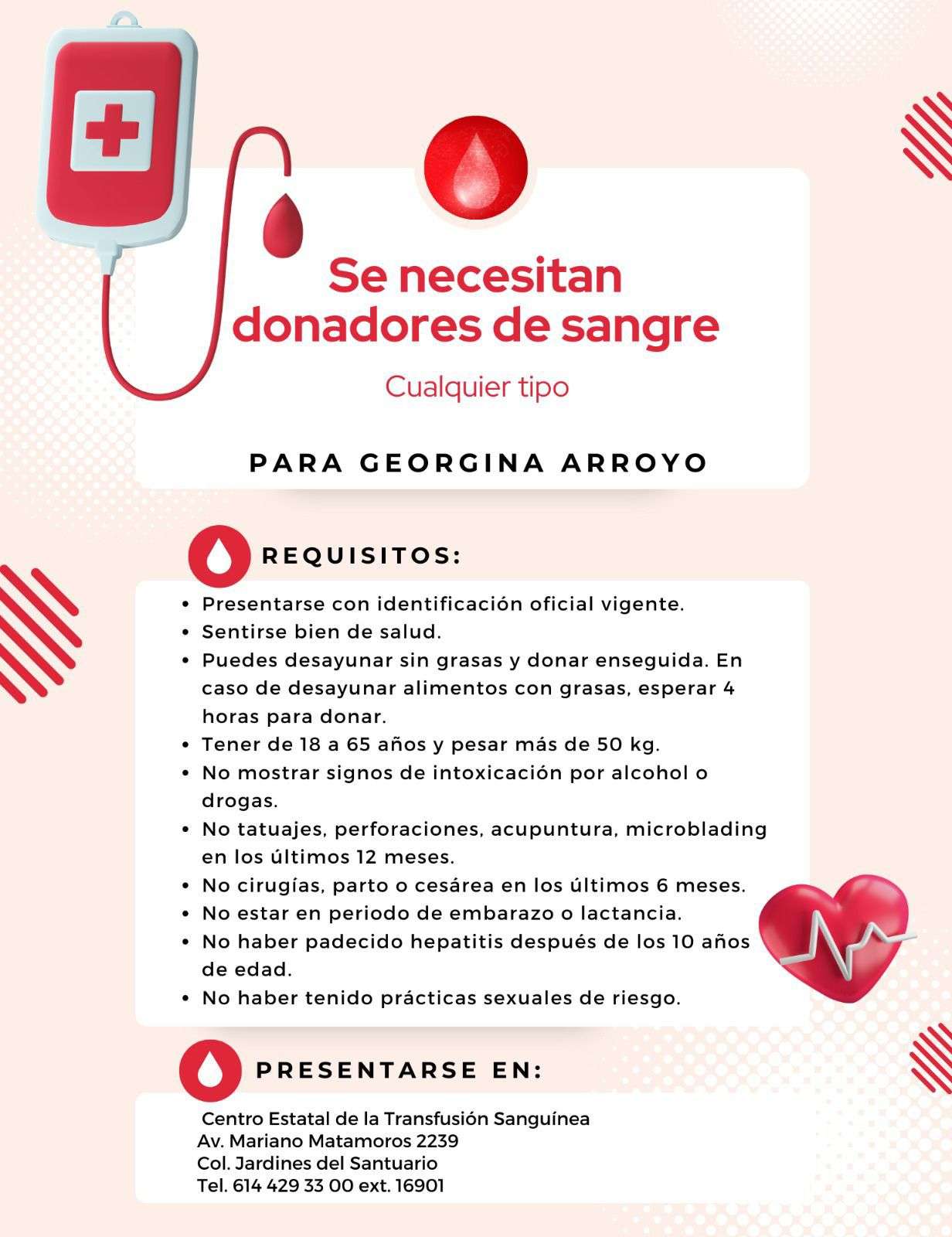 Buscan donadores de sangre para Georgina Arroyo