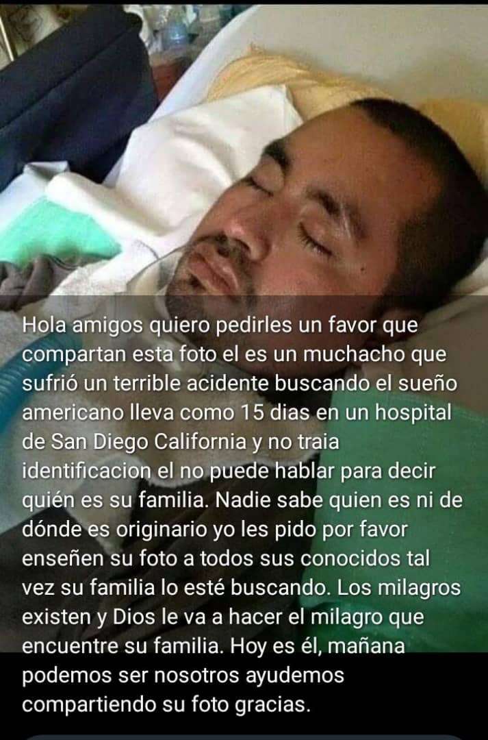 Solicitan ayuda para identificar familia de joven hospitalizado en San Diego