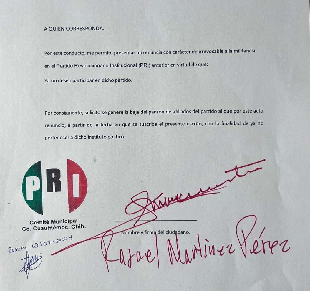 Presenta Rafael Martínez su renuncia al PRI