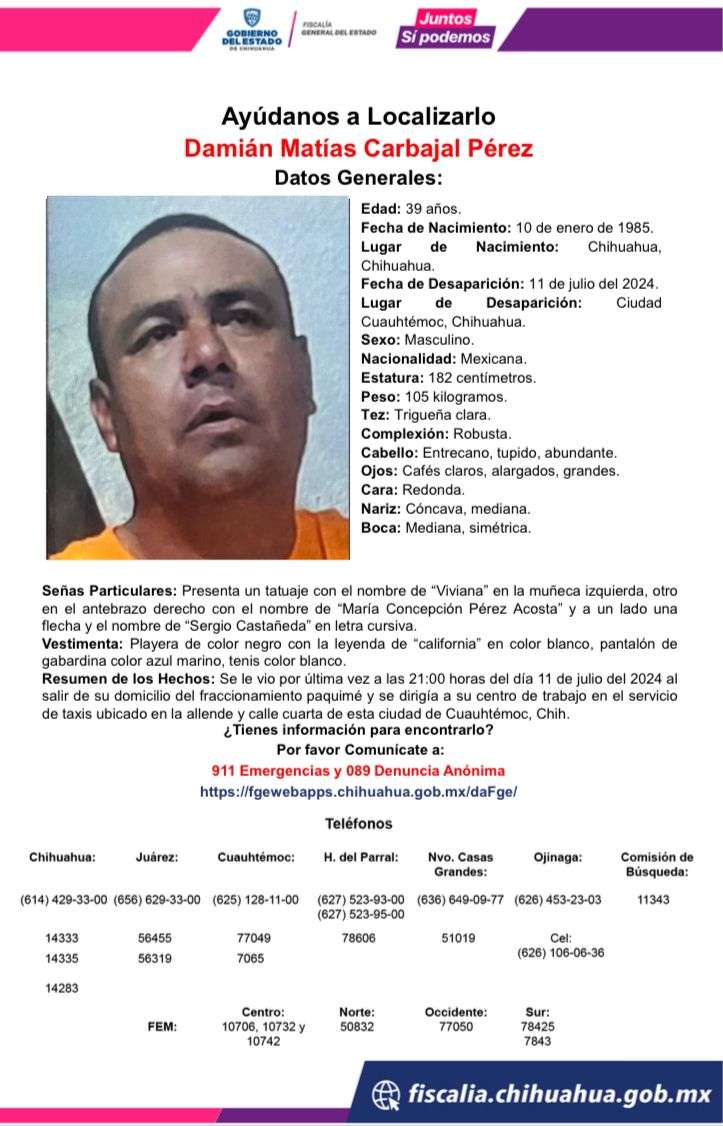 Desaparece Damián Matías Carbajal Pérez en Cuauhtémoc