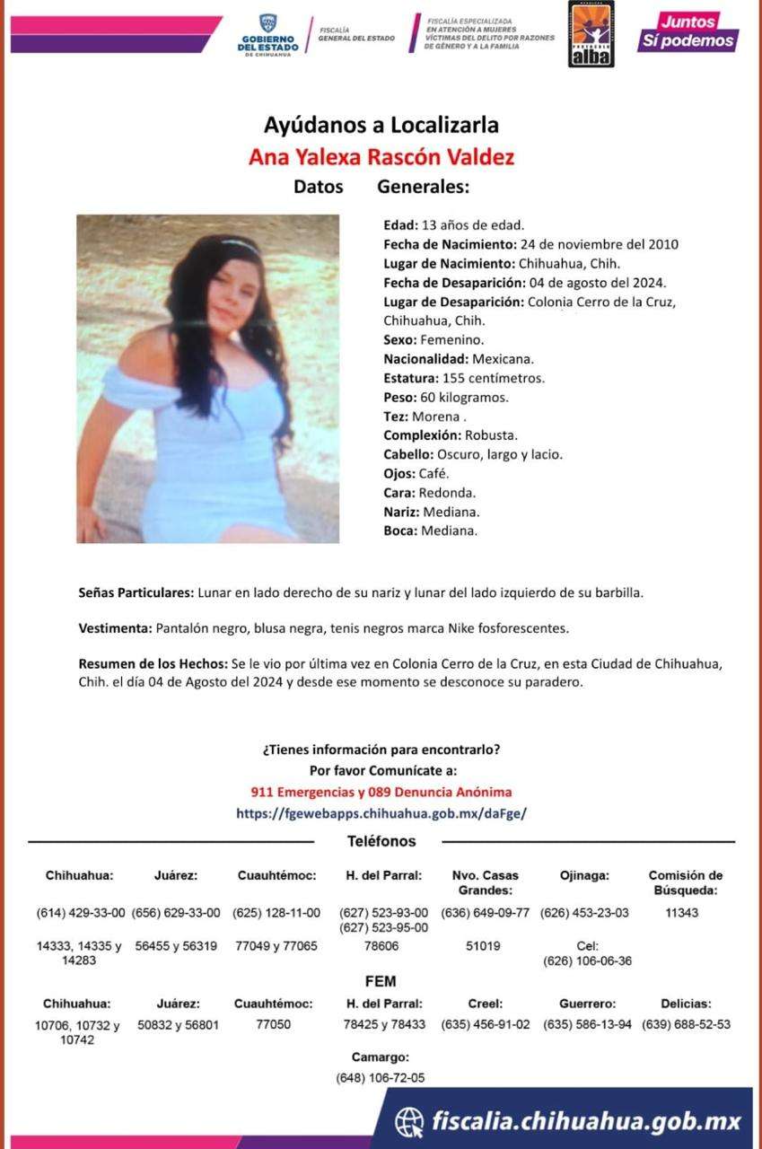 Buscan a Ana Yalexa Rascón Valdez, menor de 13 años desaparecida en la ...