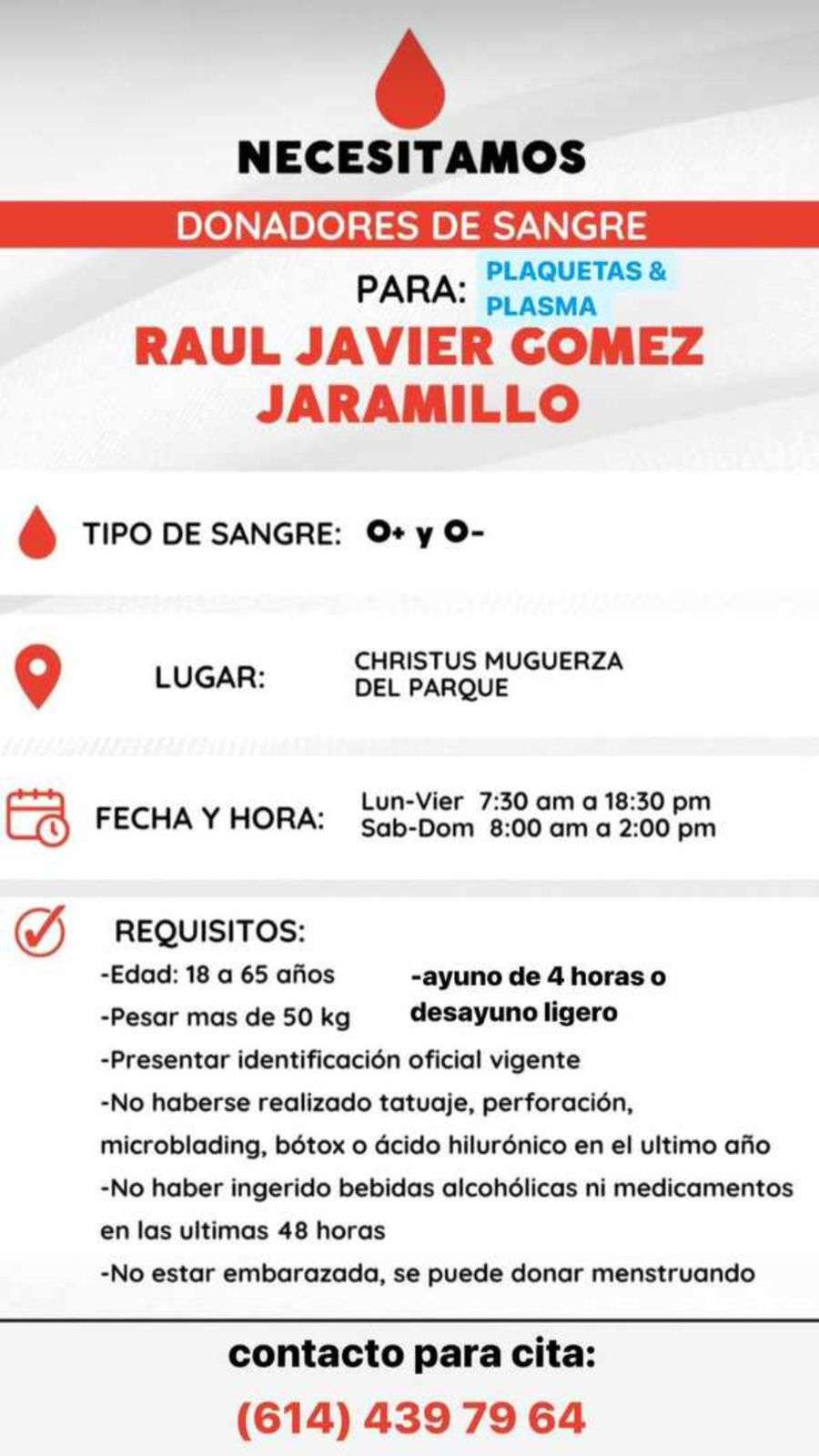 Solicitan donadores de sangre para Raúl Gómez Jaramillo