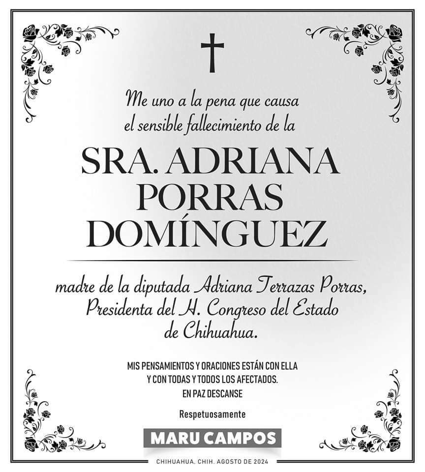 Expresa Maru condolencias por la muerte de Adriana Porras Domínguez