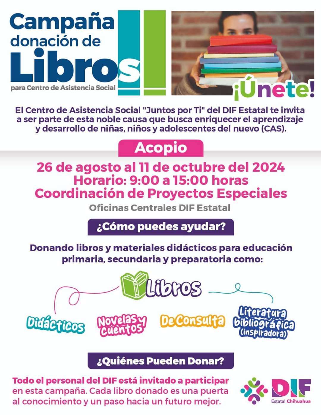 Invitan a participar en la donación de libros Juntos por Ti del DIF