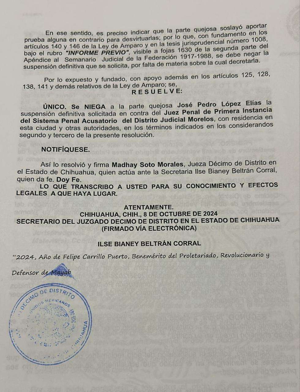 Niegan Suspensión Definitiva a López Elías por falta de pruebas