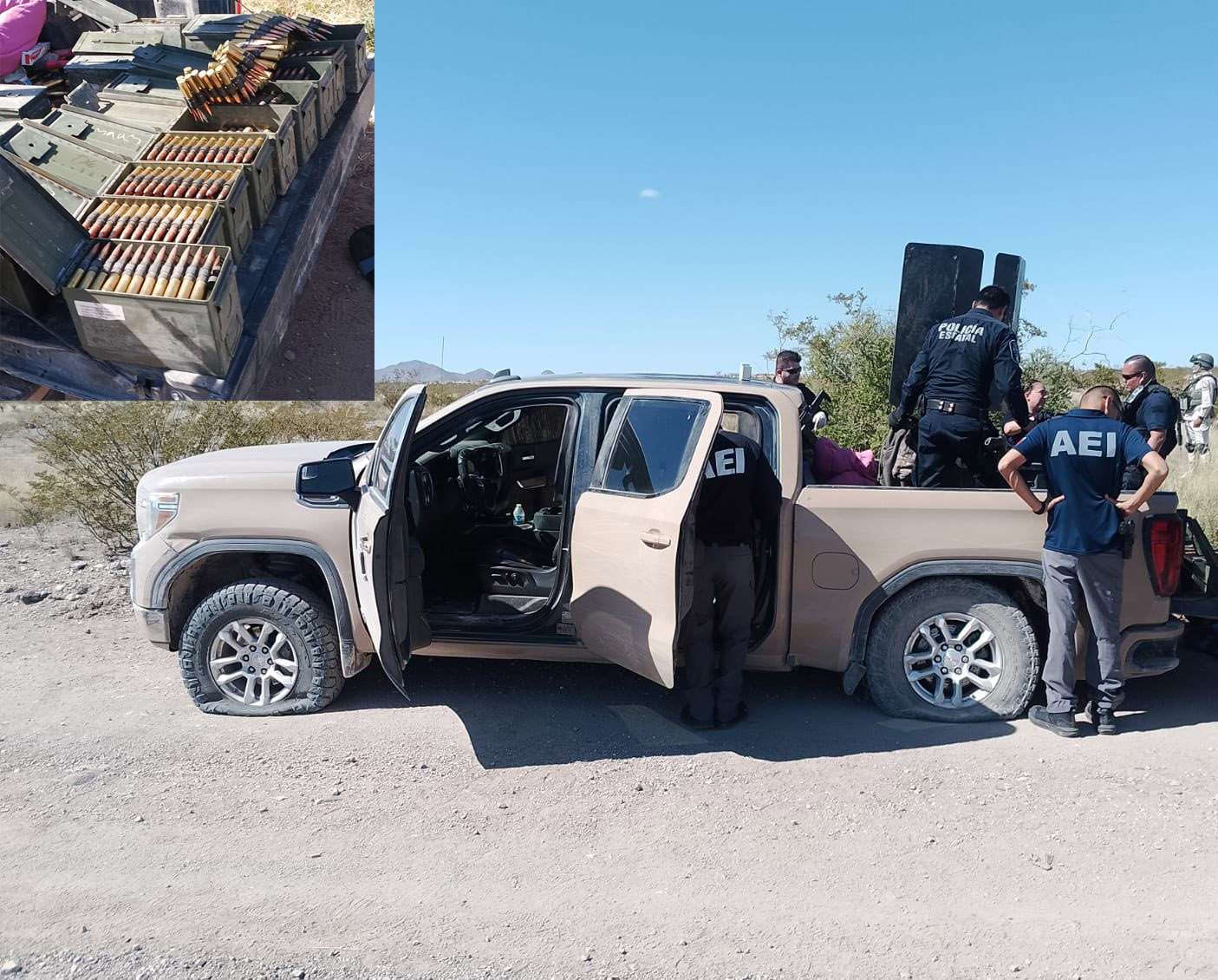 Hallan vehículos armas y parque después de topón de malandros en Ojinaga